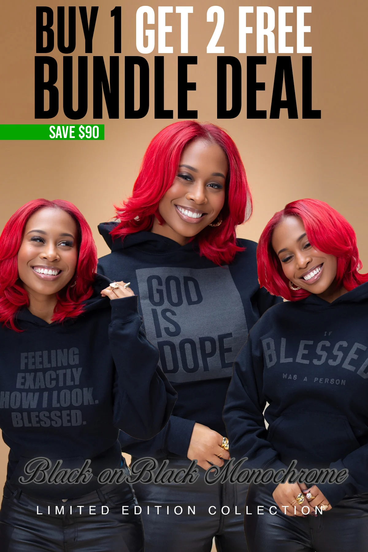 **3 Hoodie Bundle** Monochromatic Lightweight Box Logo (Black on Off-Black)