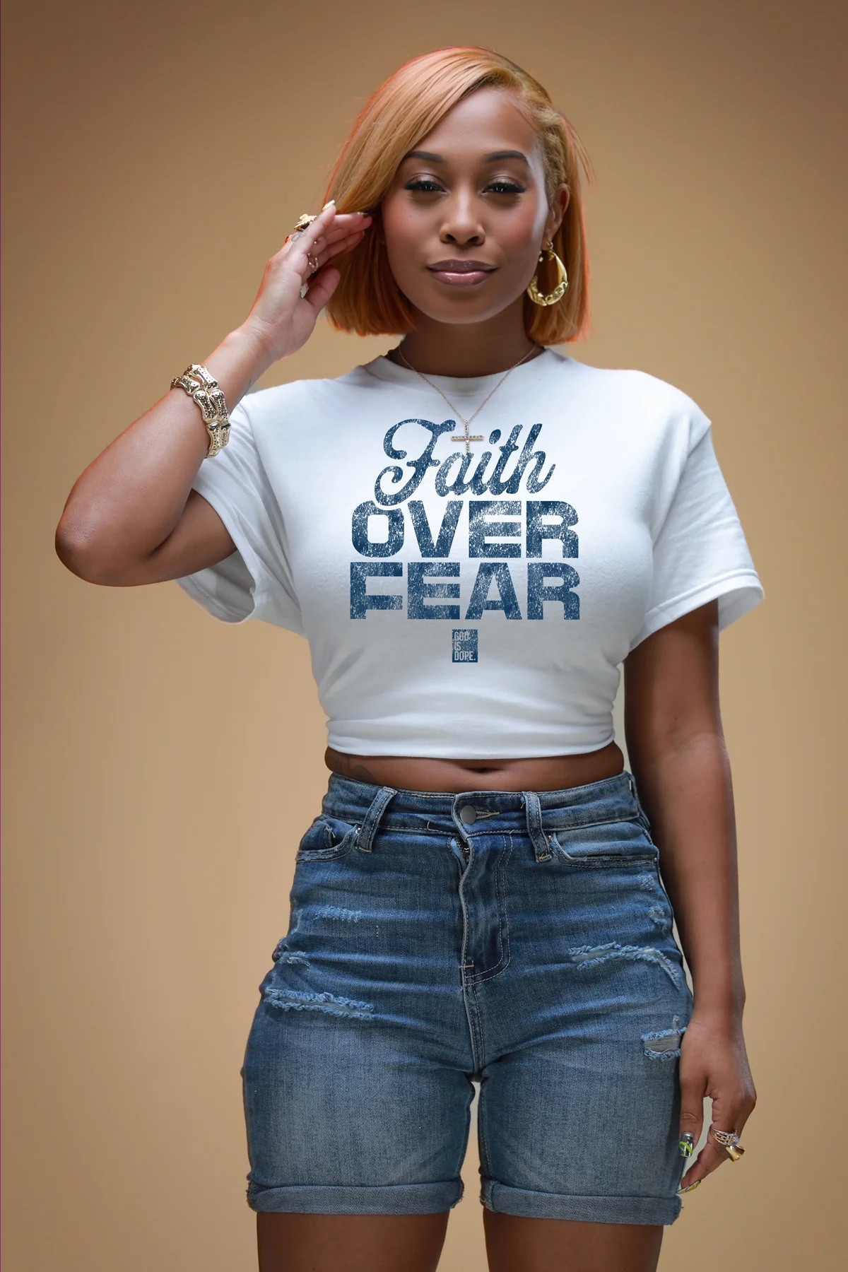 Faith Over Fear Distressed Print Tee (White/Denim)