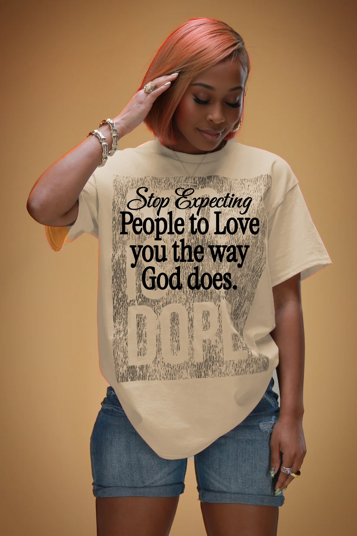 Stop Expecting People To Love You The Way God Does Tee (Sand/Black)